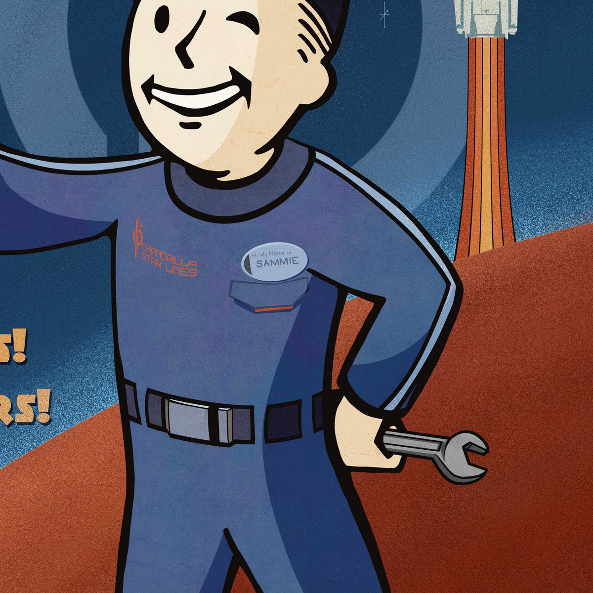 Close detail of Sammie engineer illustration from Adventure Awaits Galactic Starcruiser artwork