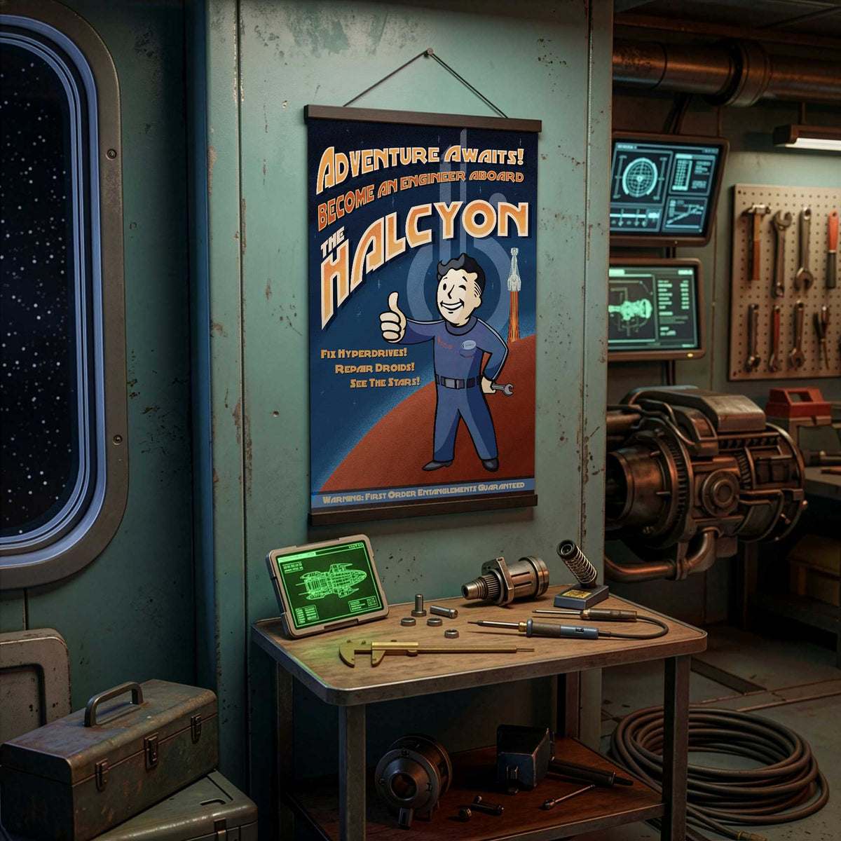 Adventure Awaits Vault Boy Sammie Galactic Starcruiser art displayed in retro starship engineering workshop