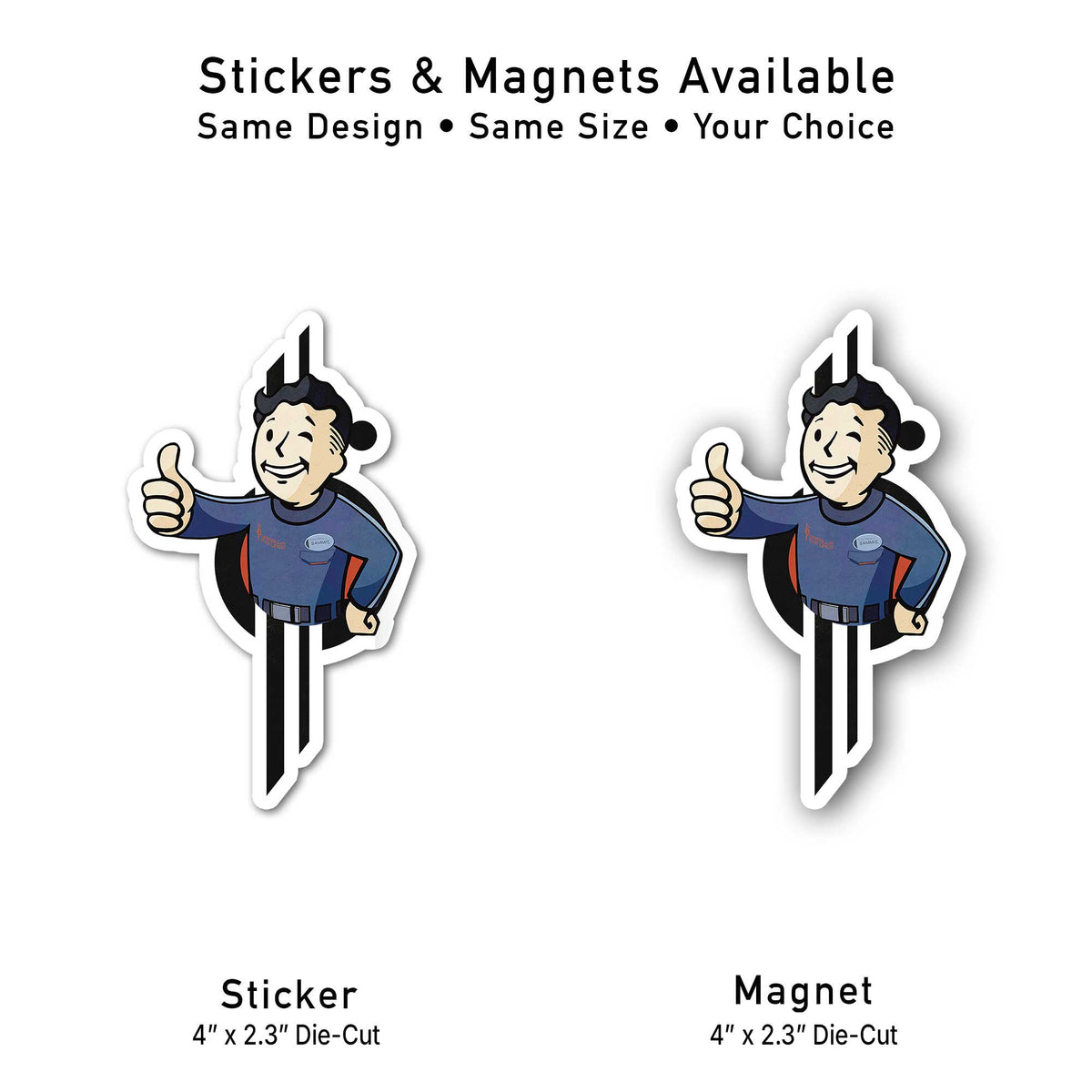 Adventure Awaits Sammie die-cut sticker and magnet side by side, same 4x2.3 size, inspired by the Star Wars Galactic Starcruiser Halcyon.
