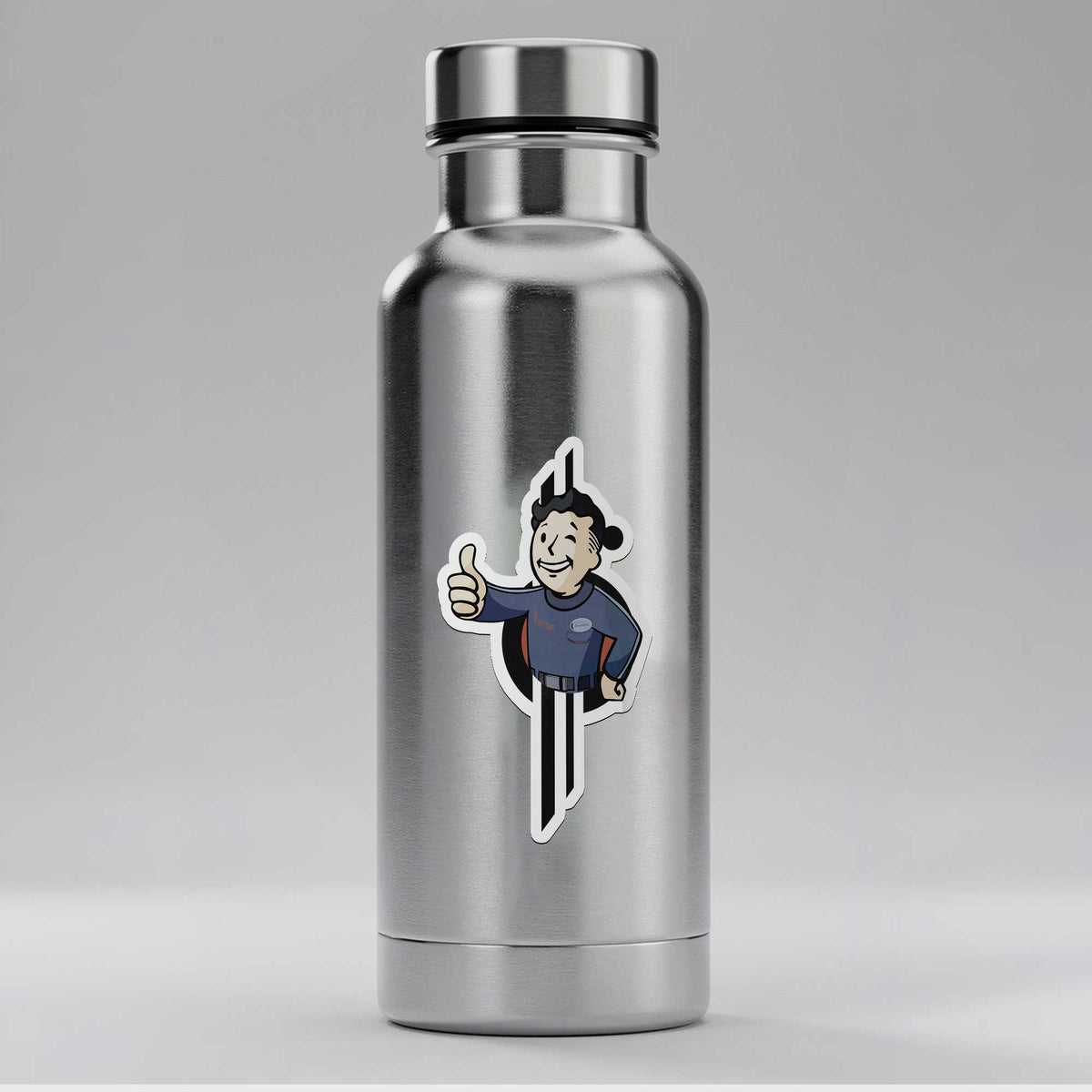 Adventure Awaits Sammie vinyl sticker displayed on stainless steel water bottle