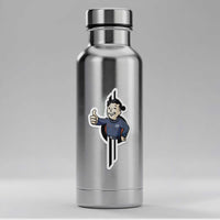 Adventure Awaits Sammie vinyl sticker displayed on stainless steel water bottle