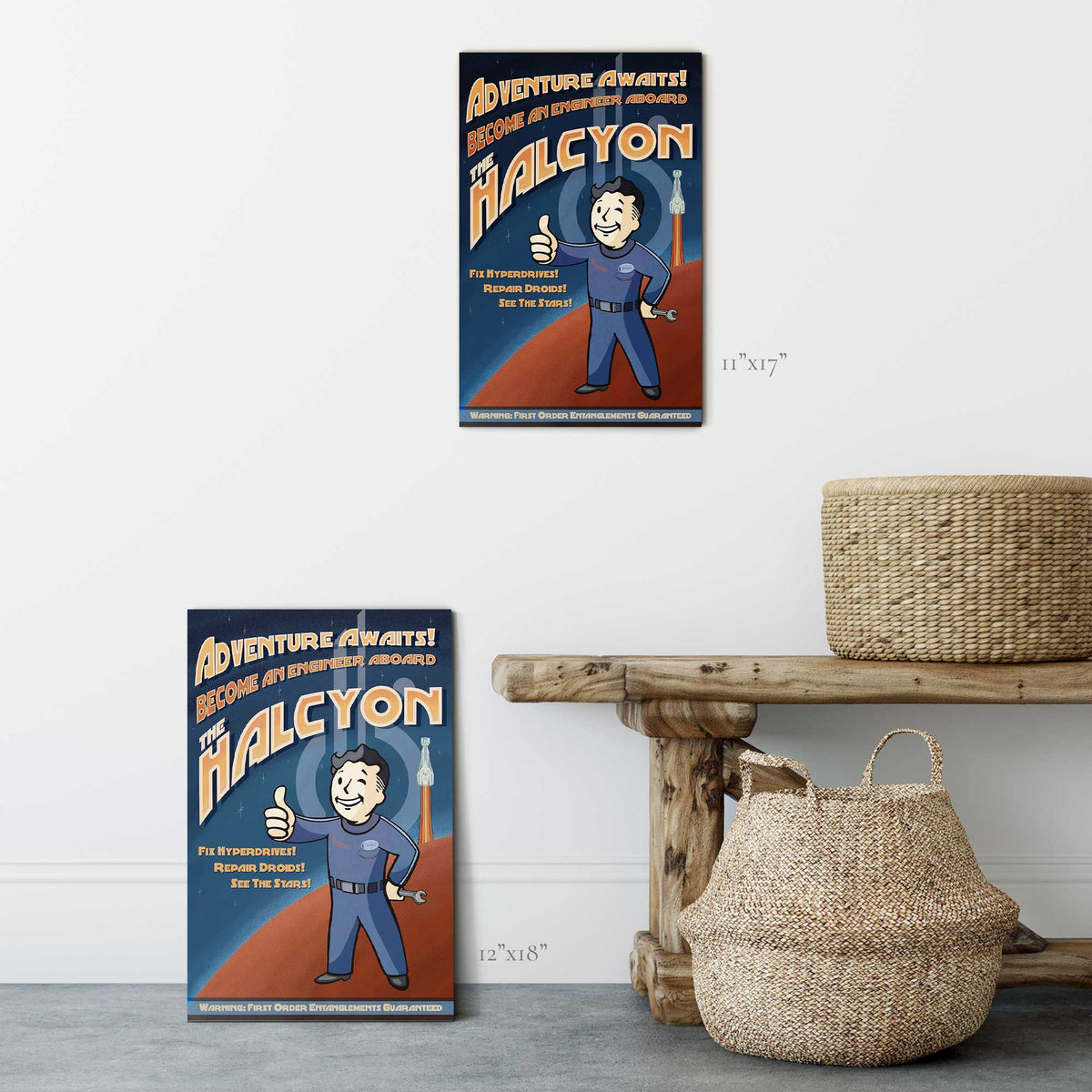 Adventure Awaits Sammie paper art print dimensions showing 11 by 17 inch paper print and 12 by 18 metal print size