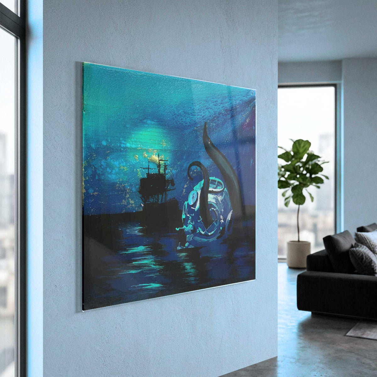 fantasy ocean wall art displayed in modern coastal living room with natural light