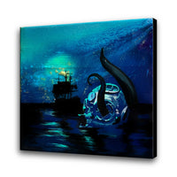 fantasy ocean wall art print of deep sea diver with tentacles under glowing night sky