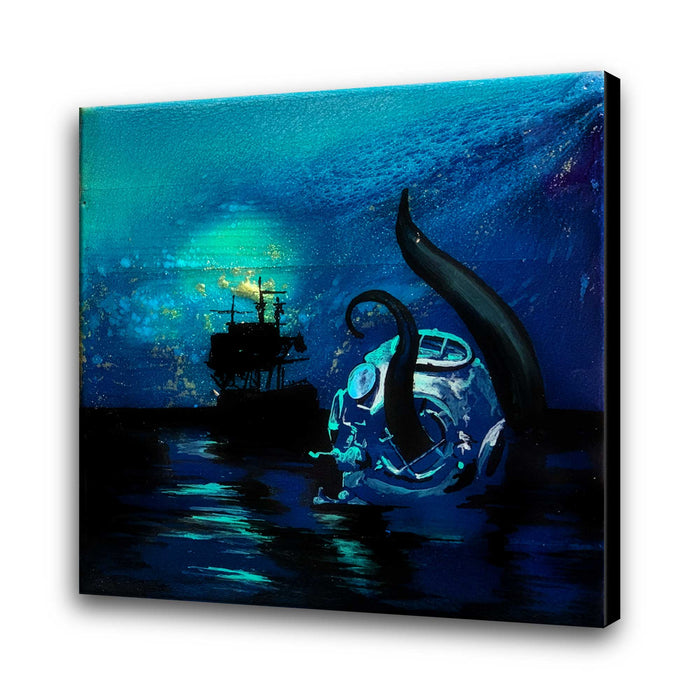 fantasy ocean wall art print of deep sea diver with tentacles under glowing night sky