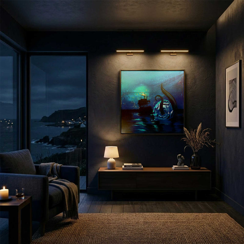 dark fantasy ocean artwork displayed in moody interior with directional lighting