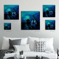 fantasy ocean artwork shown in multiple sizes on wall for scale reference