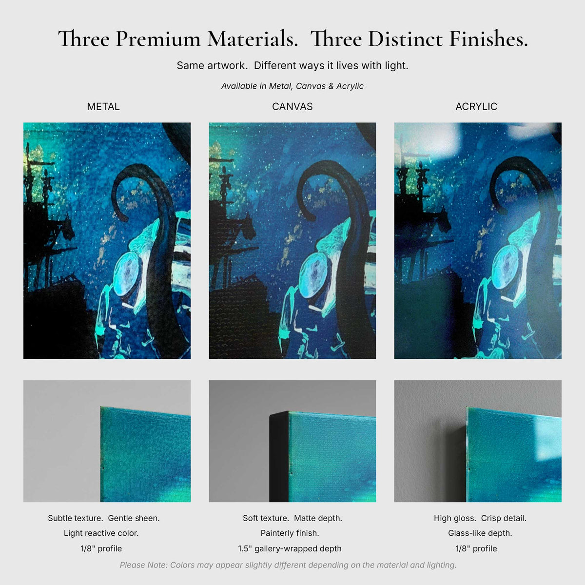 close up comparison of canvas metal and acrylic wall art texture and edges