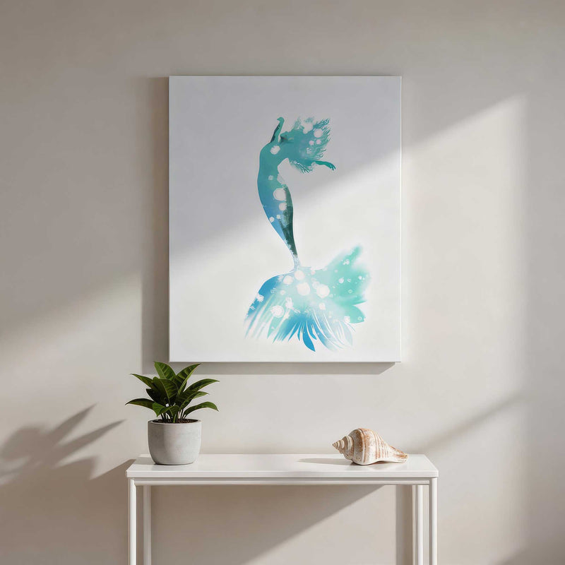 Aqua mermaid artwork displayed above a console table in a bright coastal room.