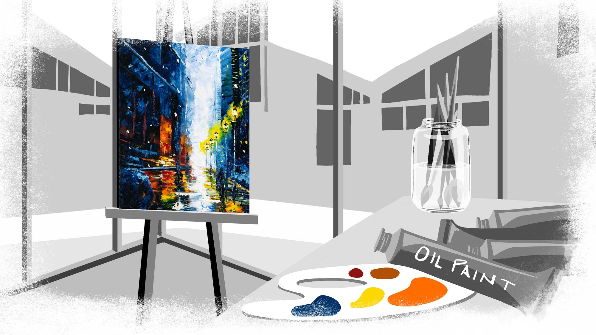 Original painting on an easel in an illustrated modern artist studio with palette and oil paint tubes