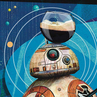 close up of bb8 droid balancing fiery mustafarian drink with retro modern geometric background