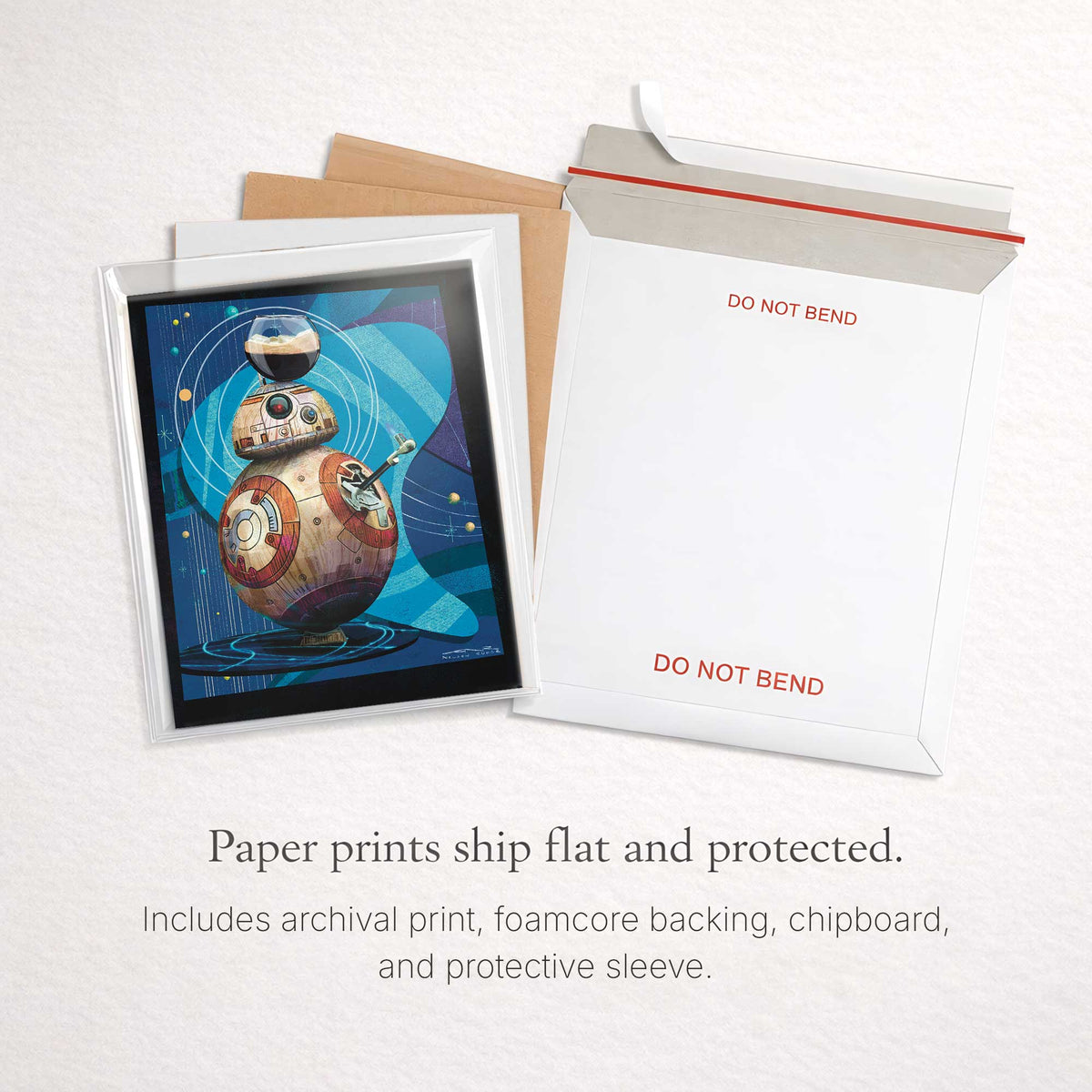 bb8 art print packaging showing flat protected shipping with sleeve backing chipboard and rigid mailer