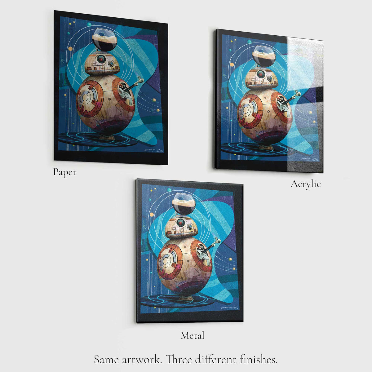 bb8 star wars art print shown on paper metal and acrylic finishes comparison display