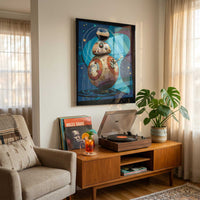 An acrylic bb8 droid art print in a warm modern interior with record player and retro decor accents