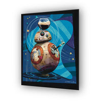 bb8 star wars droid art print in mid century modern style with retro sci fi shapes and bold blue tones