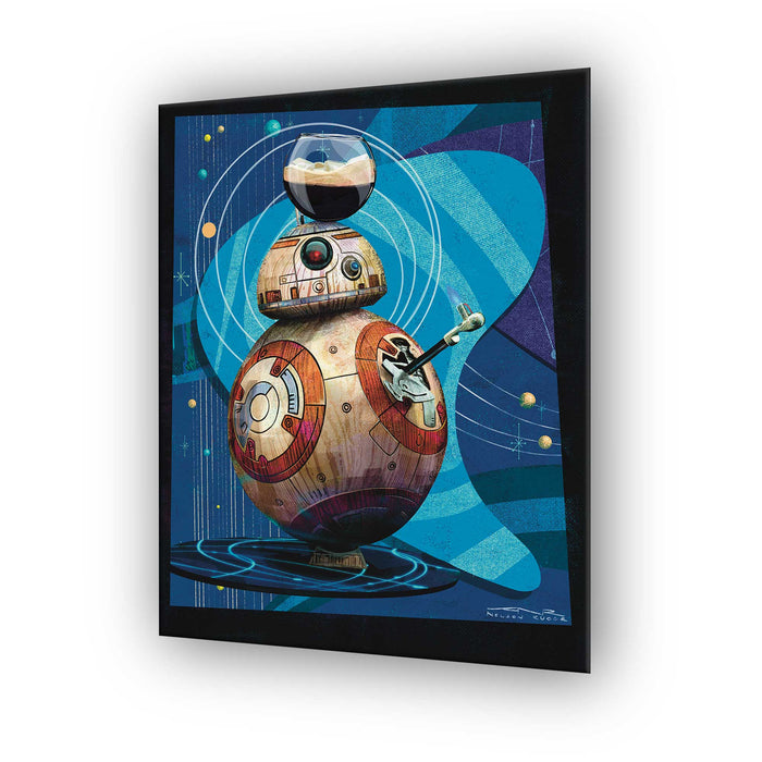 bb8 star wars droid art print in mid century modern style with retro sci fi shapes and bold blue tones