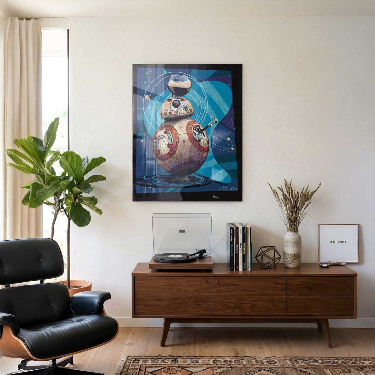 bb8 star wars wall art displayed in a mid century modern living room with wood furniture and clean styling