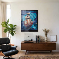 bb8 star wars wall art displayed in a mid century modern living room with wood furniture and clean styling