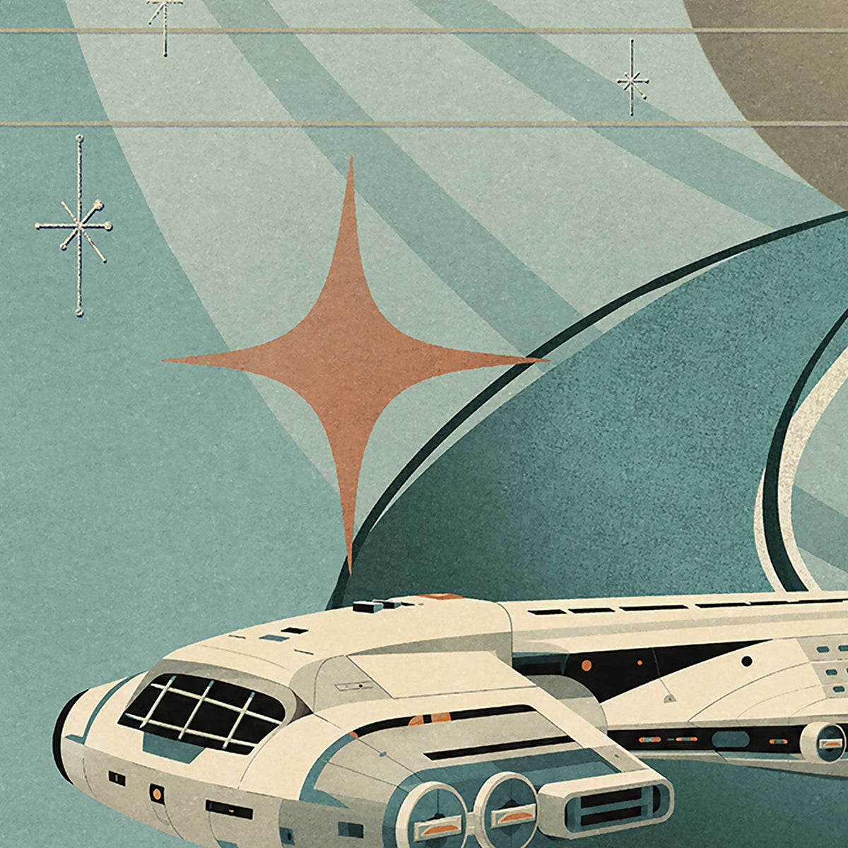 Close-up detail of Beyond Tomorrow highlighting the Halcyon's forward section.