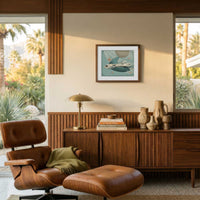 Beyond Tomorrow Halcyon paper art print displayed in a mid-century modern living room.