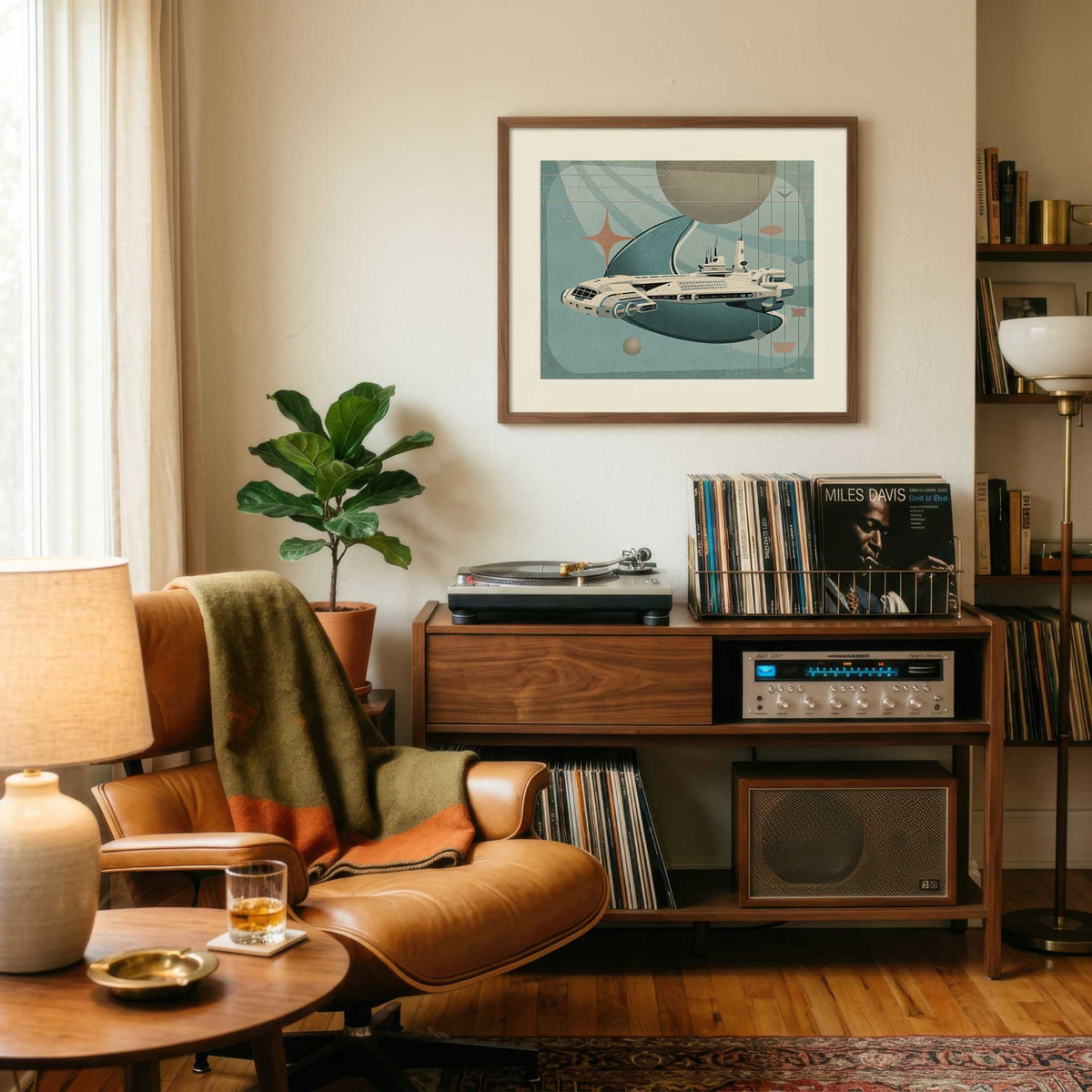Beyond Tomorrow Halcyon paper print displayed above a vintage record console in a mid-century listening room.