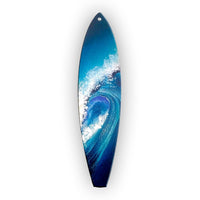Surfboard holiday ornament with a big blue wave with white foam hand-painted on the front.