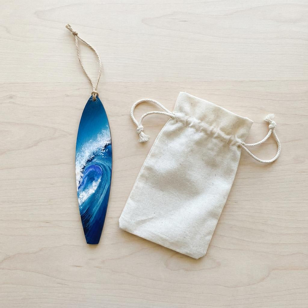Big Blue surfboard ornament with canvas gift bag