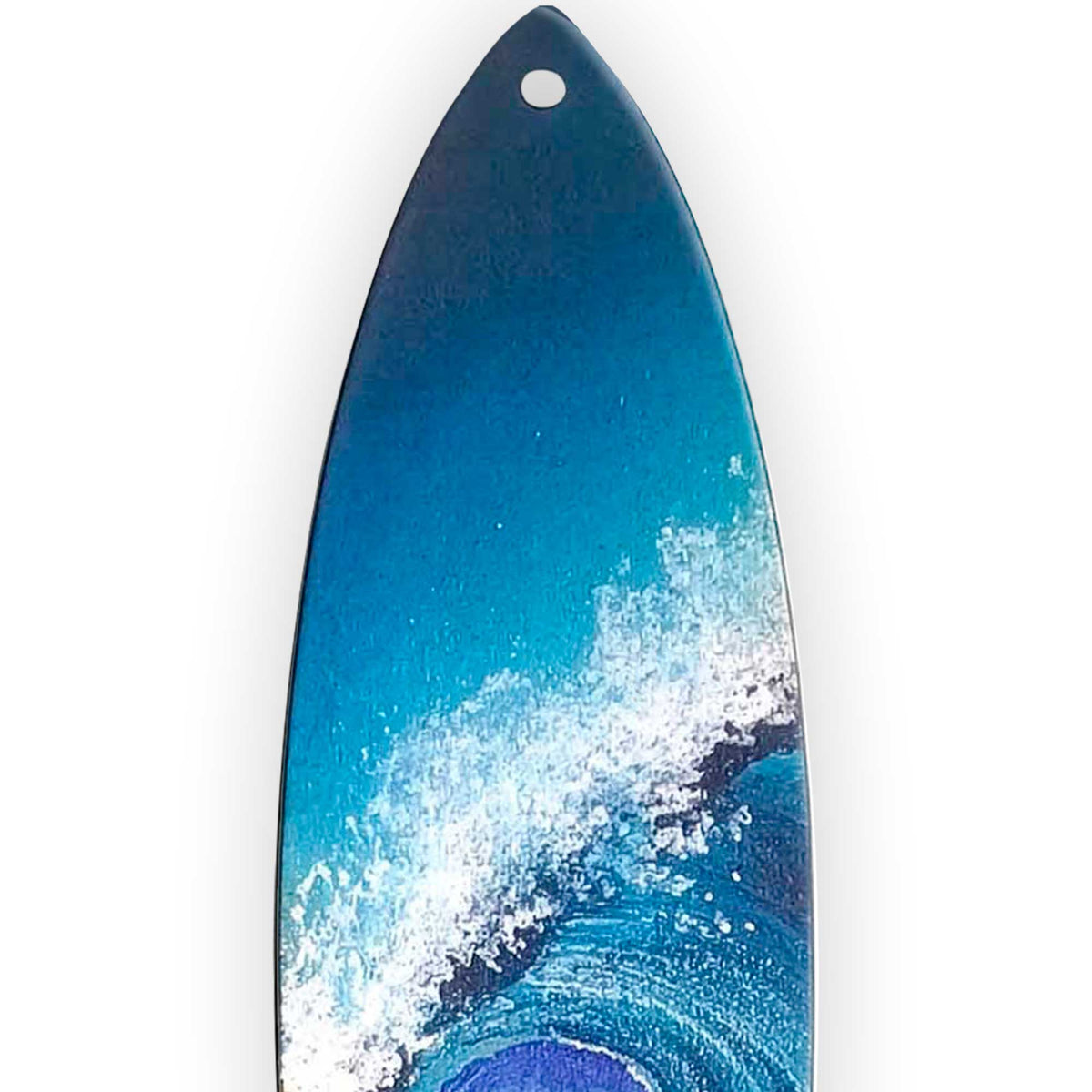 Blue and white Christmas ornament with painted surfing wave for Surfing bedroom decor or beach Christmas decor ideas.