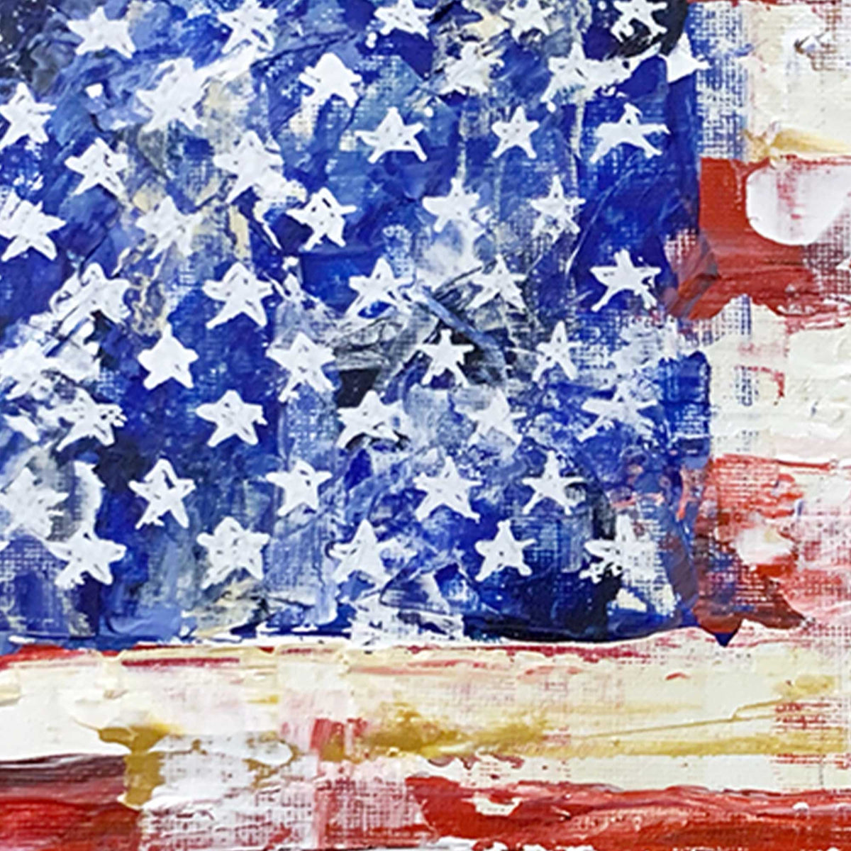 Close up of blue field and white stars with expressive brushwork in abstract American flag artwork