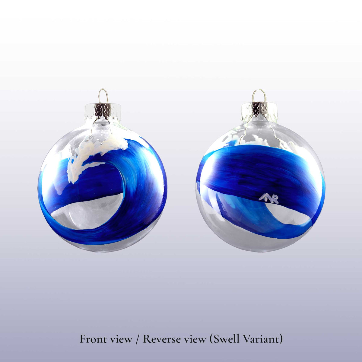 bluewater "Swell" edition glass wave ornament shown front and reverse