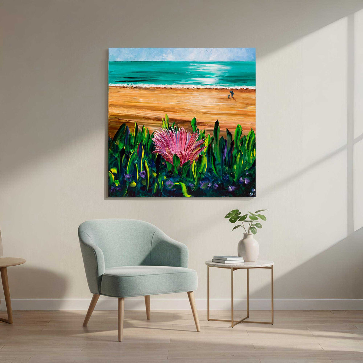 Large modern coastal impressionist beach art in a reading nook