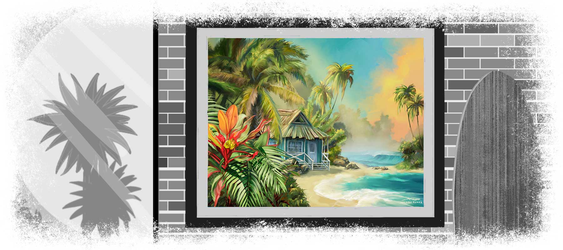 Bungalow Dreams coastal artwork displayed in modern living room illustration with surfboard and palm trees