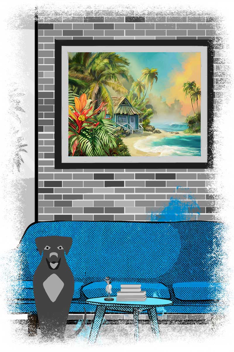 Bungalow Dreams beach art shown above sofa in illustrated mid-century living room