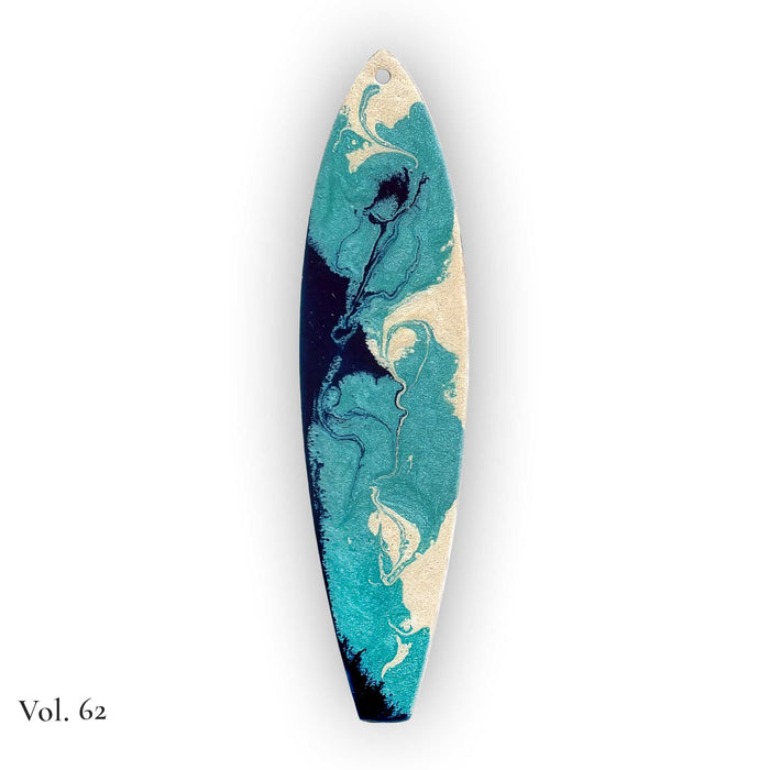 hand painted by the sea surfboard ornament with marbled resin movement in bright blue and soft pearl tones