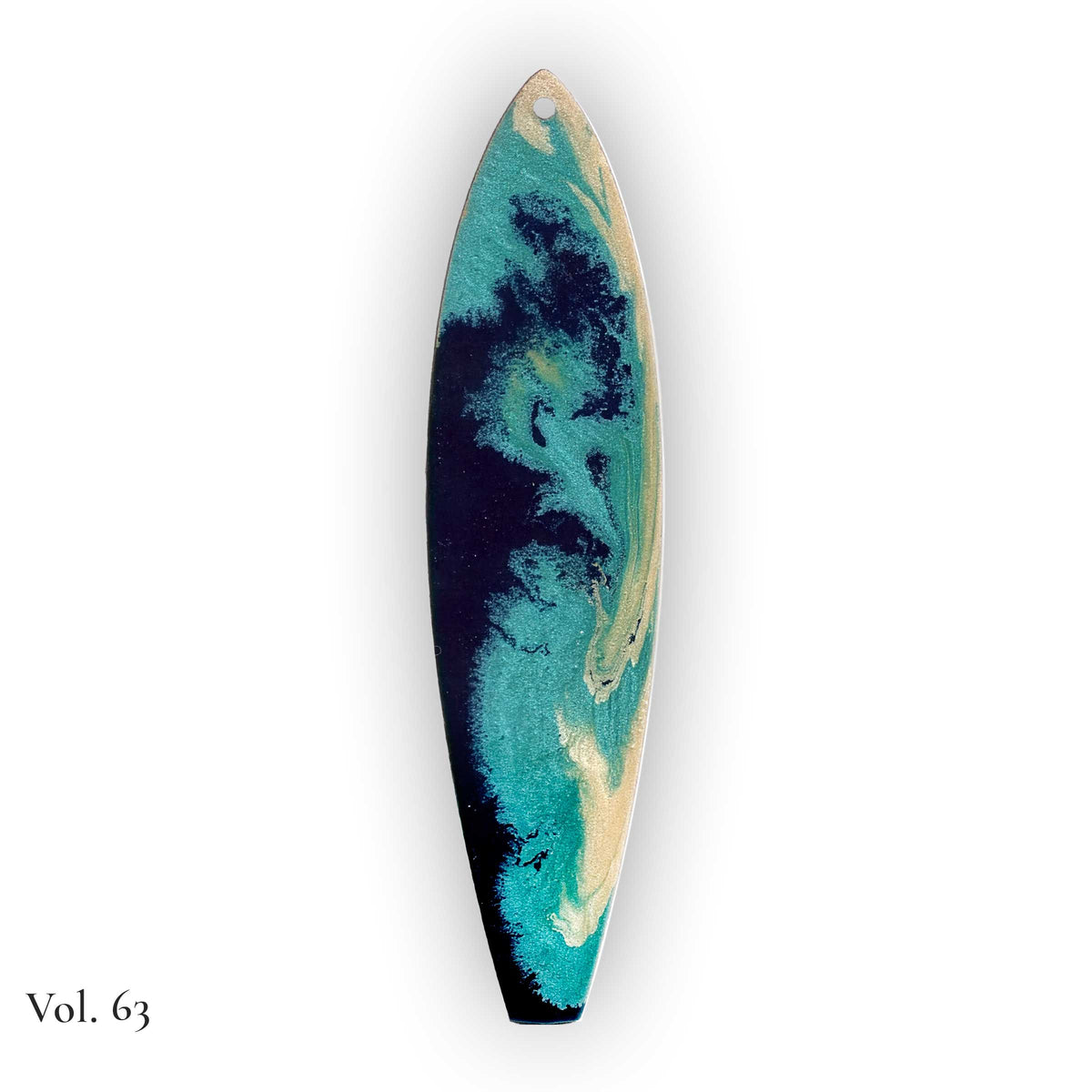 hand painted by the sea surfboard ornament with layered pebeo resin blending dark navy and turquoise