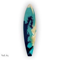 hand painted by the sea surfboard ornament with smooth pebeo resin flow in rich blue and luminous pearl