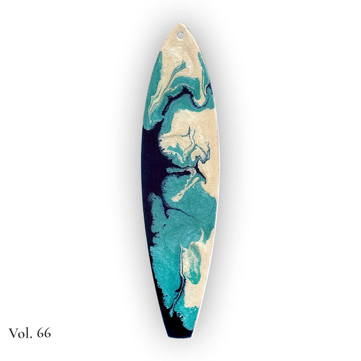 hand painted by the sea surfboard ornament with fluid resin currents in turquoise blue and pearlescent white