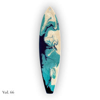 hand painted by the sea surfboard ornament with fluid resin currents in turquoise blue and pearlescent white