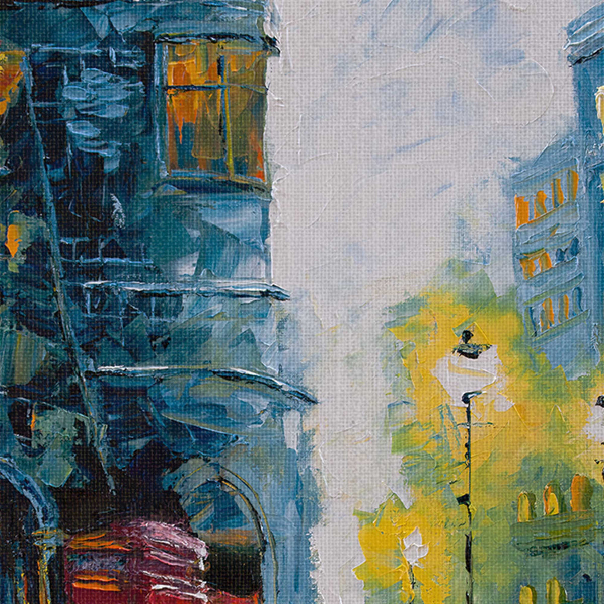 Close-up detail of layered architecture, street lighting, and palette knife texture in Calling Home Vol. 1.