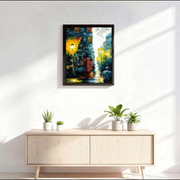 Calling Home framed London painting styled above modern console table