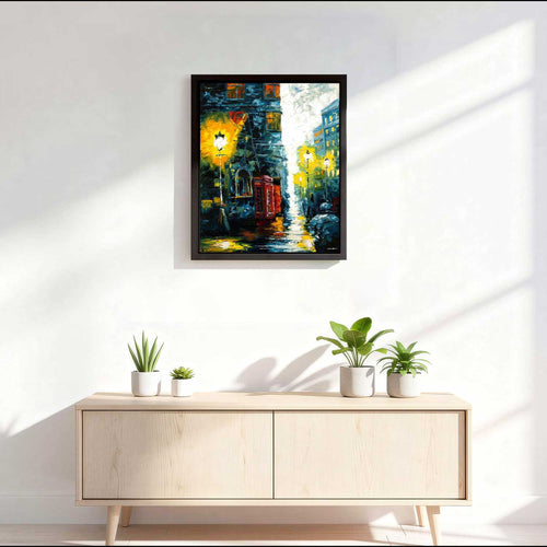 Calling Home framed London painting styled above modern console table