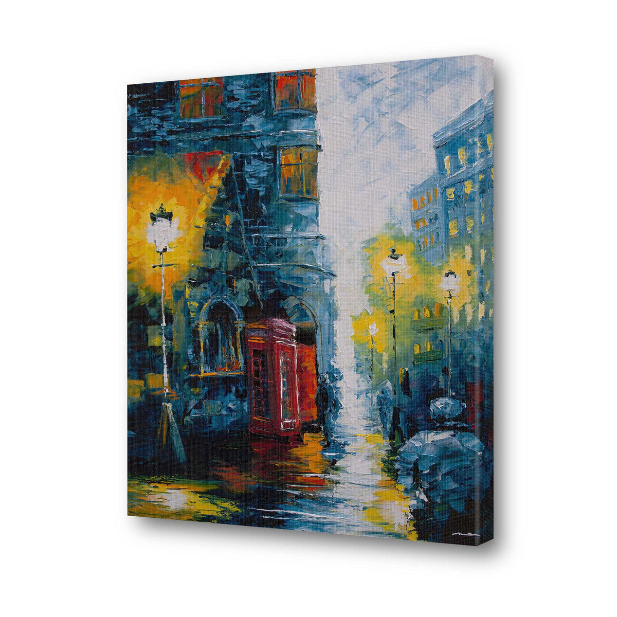 Calling Home Vol. 1 London cityscape art print featuring a red telephone box on a rain-soaked street painted in an impressionist palette knife style.