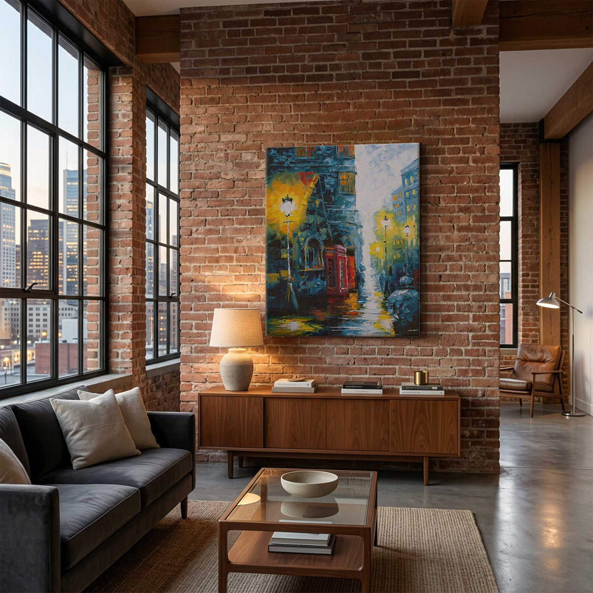 Calling Home Vol. 1 London cityscape wall art displayed in a contemporary living room setting showing scale and atmosphere.