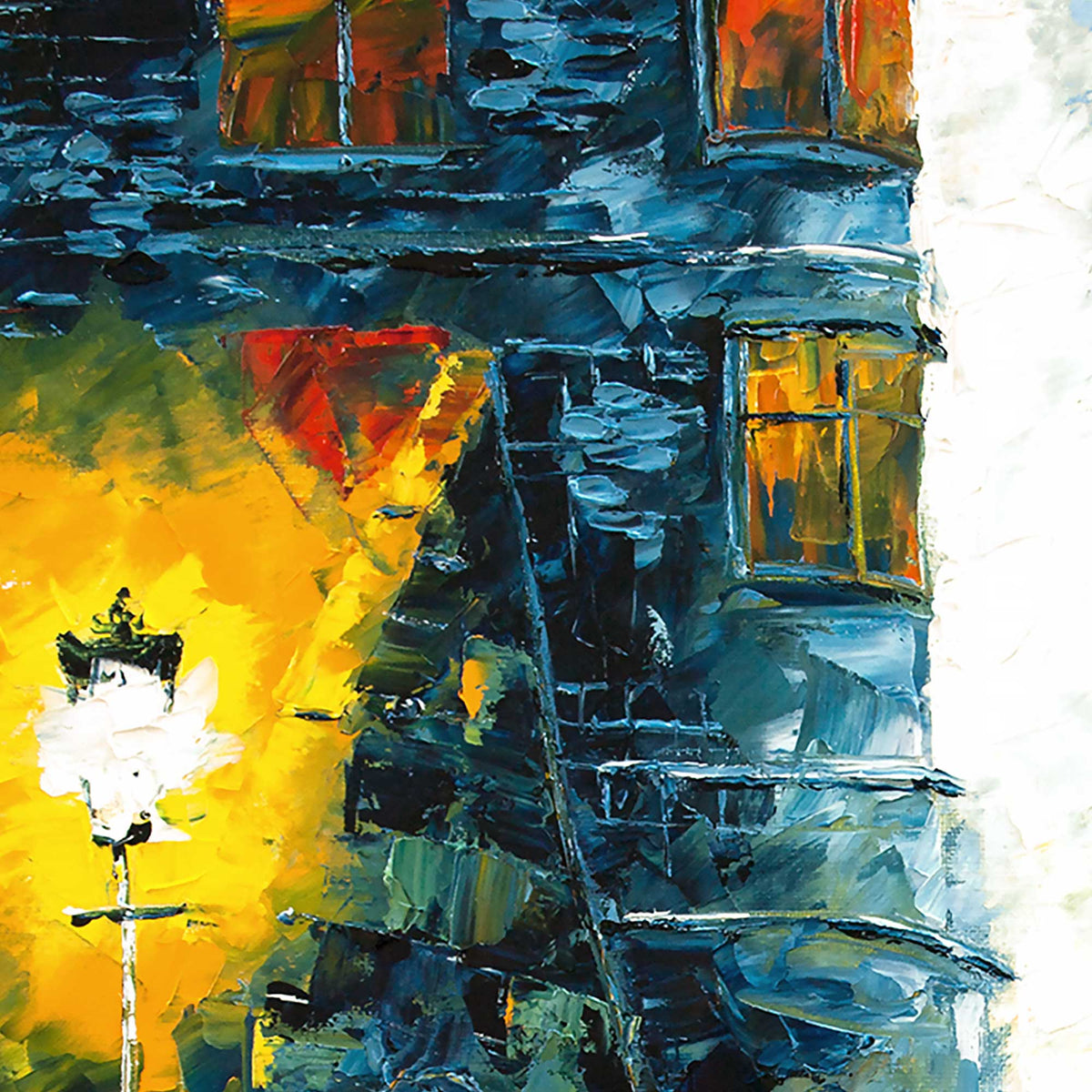 Detail view of Calling Home showing textured palette knife strokes, London windows, and warm yellow lamplight.