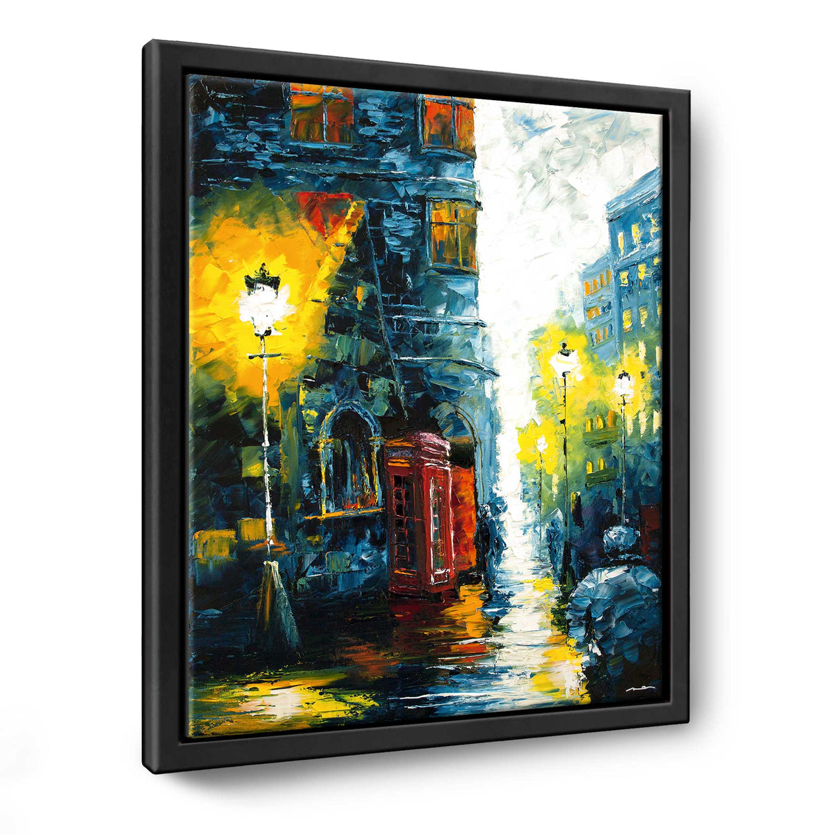 Calling Home original London city street painting in a black metal floating frame
 on white background