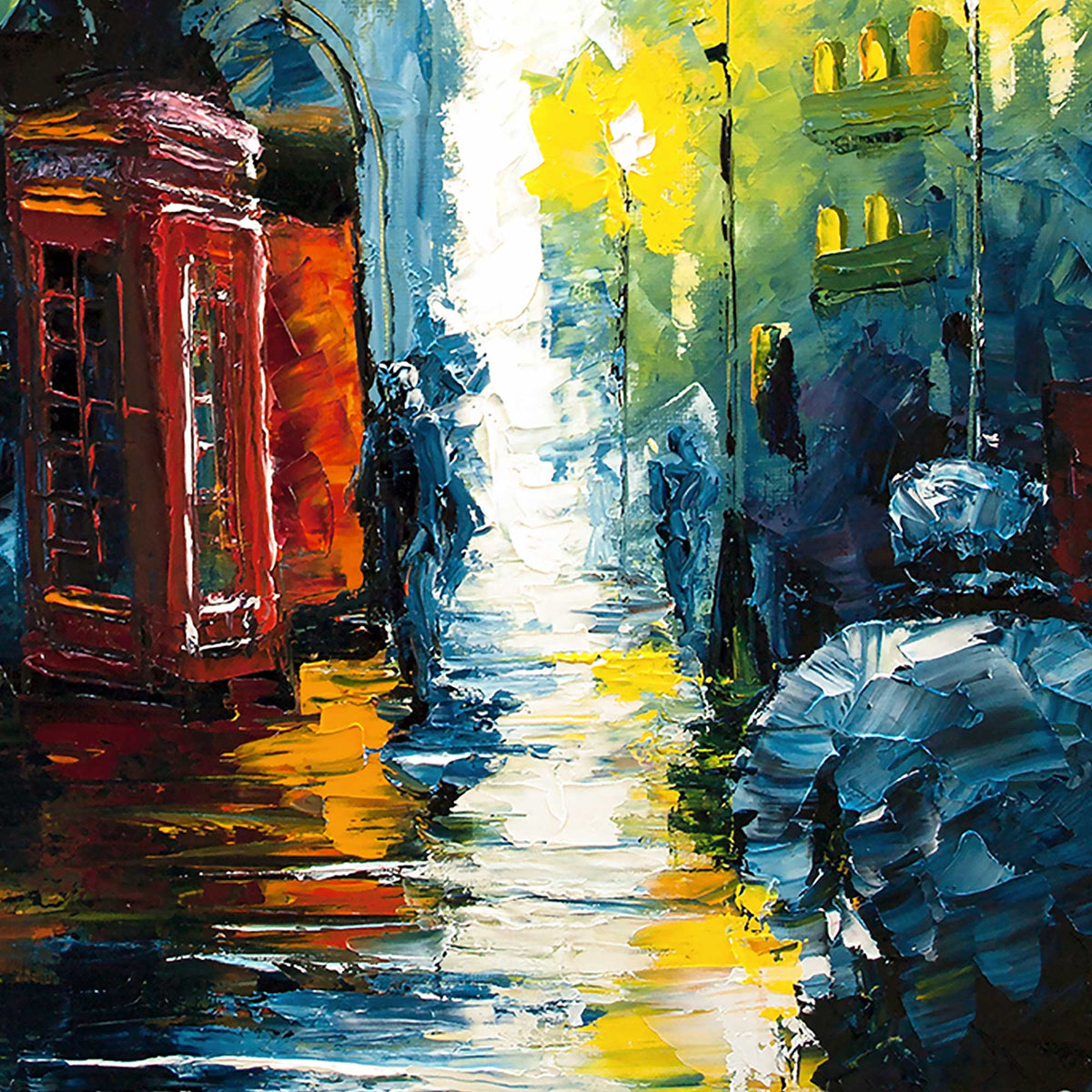 Close-up detail of Calling Home, a palette knife painting of a rainy London street with a red phone booth and glowing reflections.