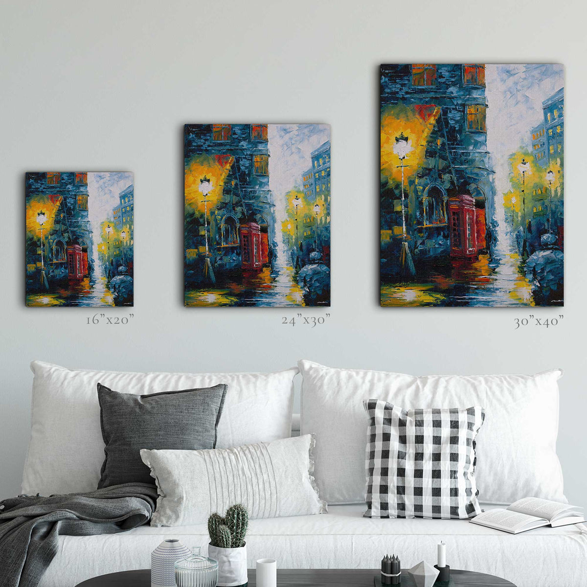 Calling Home Vol. 1 cityscape art print shown in multiple available sizes for scale comparison.