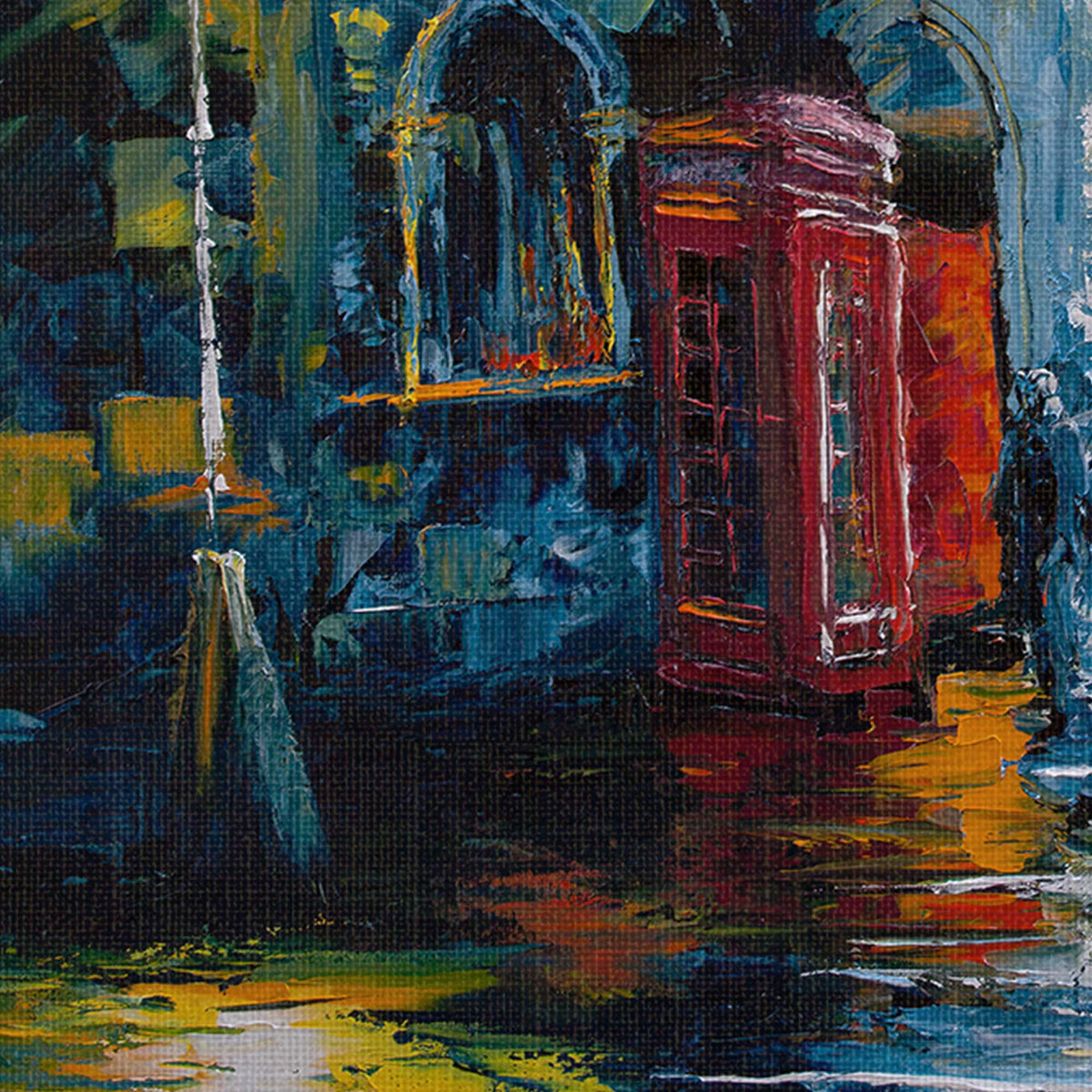 Close-up detail of the red London telephone box featured in Calling Home Vol. 1 cityscape painting.