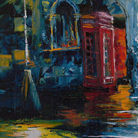 Close-up detail of the red London telephone box featured in Calling Home Vol. 1 cityscape painting.