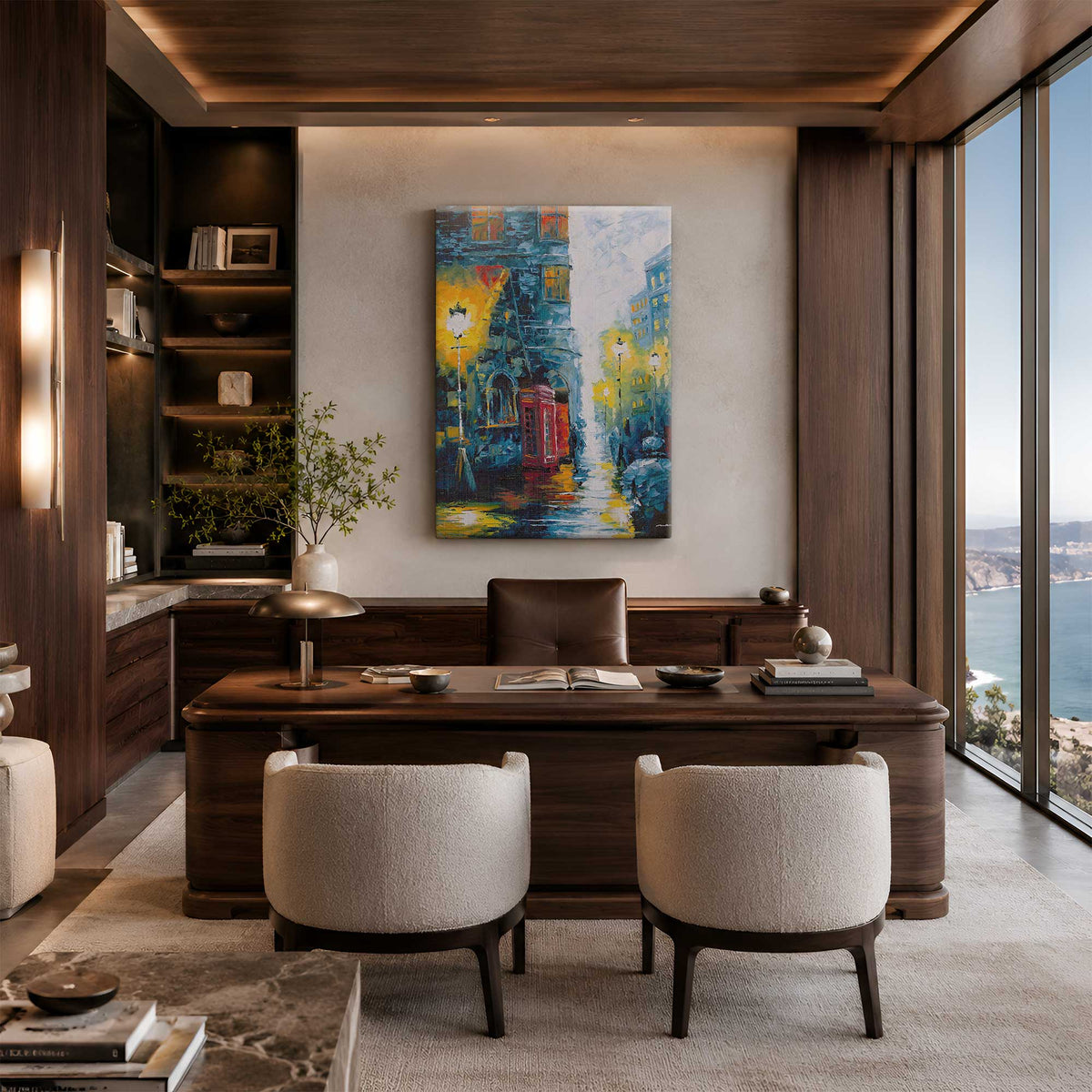 Calling Home Vol. 1 London cityscape canvas print displayed in a modern office interior with warm lighting.